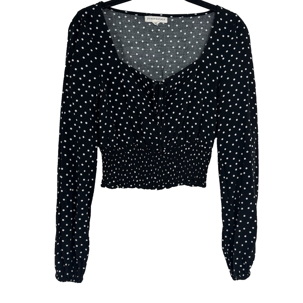 Aeropostale Women's Top Size XS Black Polka Dot Crop‎ Babydoll Milkmaid Coquette